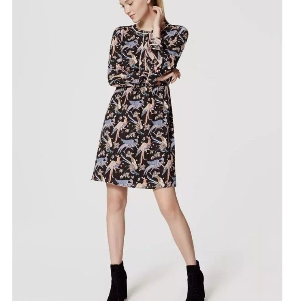 Loft Women's Black Snowbird Peacock Print Long Sleeve Mini Dress Size 2 NWOT